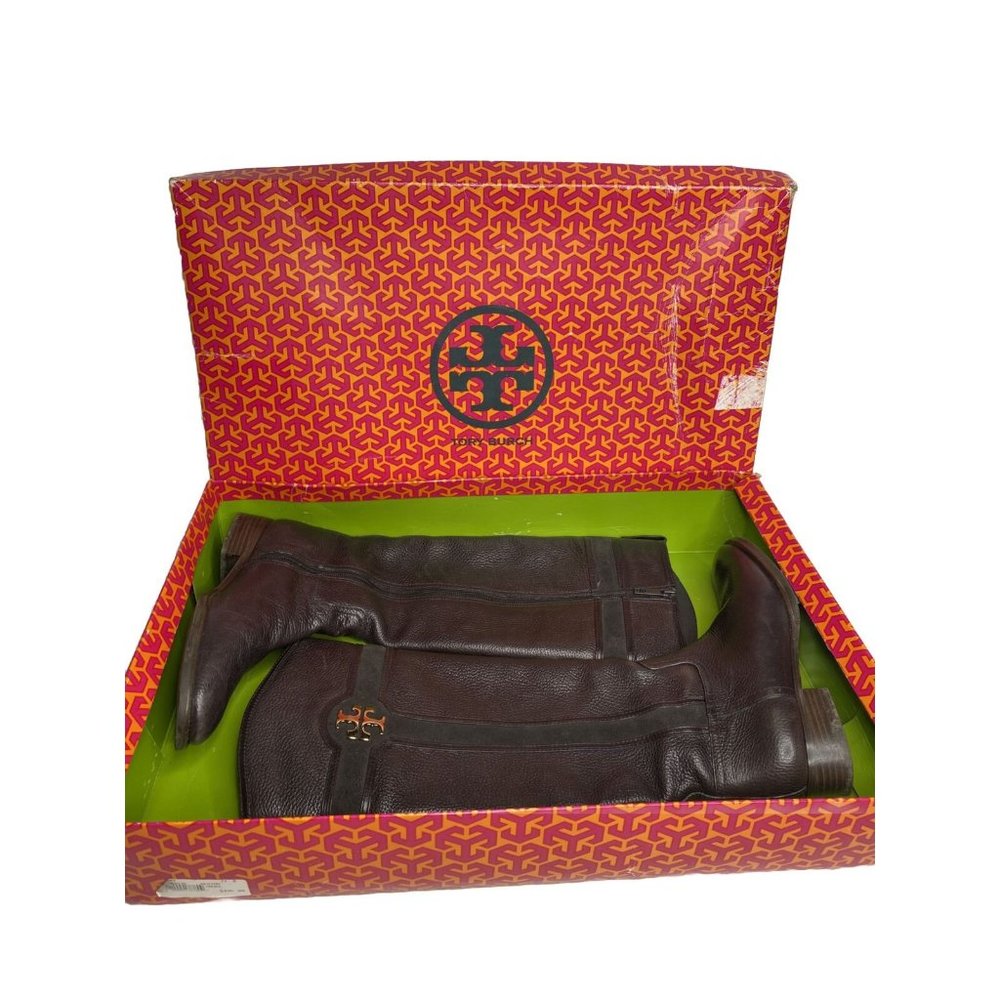 TORY BURCH ALAINA SMOKE Brown Pebbled Leather Riding Flat Boots Size 7.5